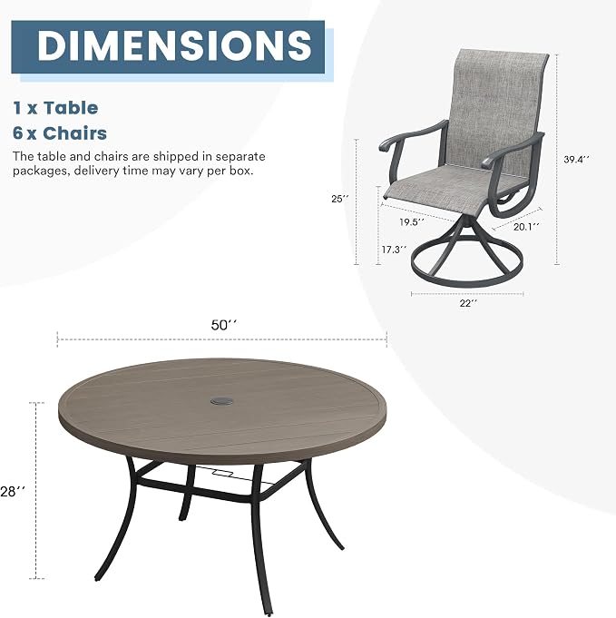 DIFY Outdoor Dining Set for 6, 7 Piece Patio Table and Chairs Set, Swivel Patio Dining Chairs with Grey Textilene & 50" Grey Wood-Like Round Metal Dining Table with Umbrella Hole, for Garden Backyard