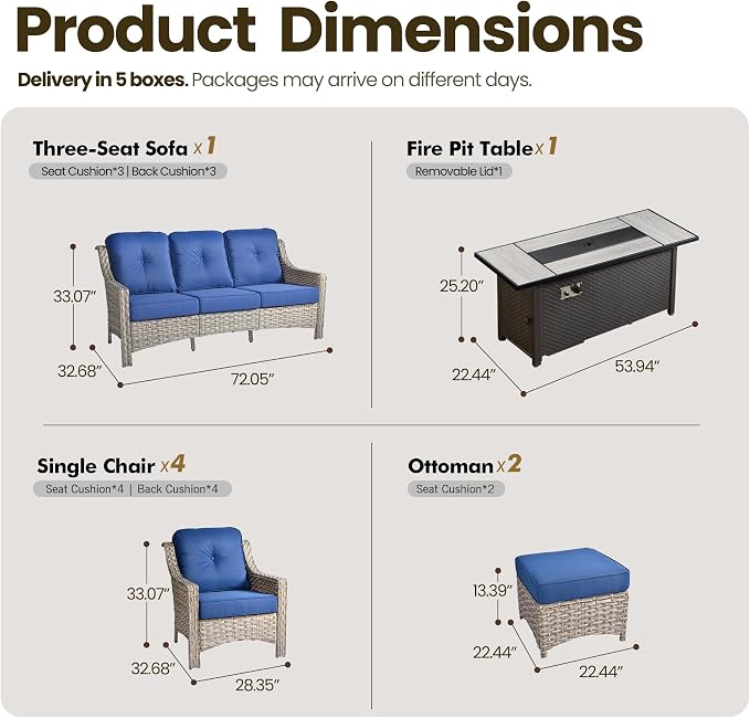 8 Piece Patio Furniture Set with Fire Pit Table, All Weather Wicker High Back Sofa Chairs Ottoman with Thick Cushion, Outdoor Conversation Sets for Large Backyard Deck Garden, Navy Blue