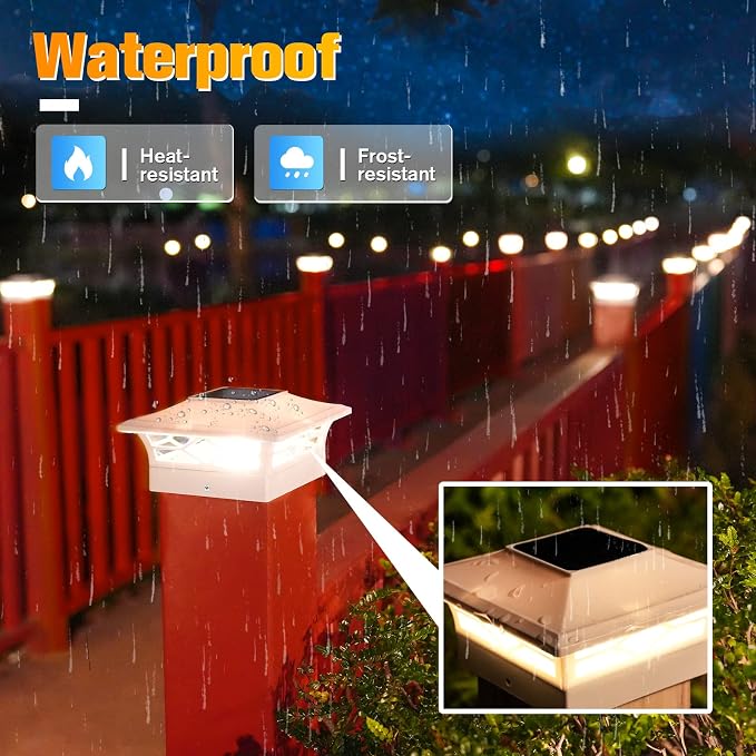 VOLISUN Solar Post Cap Lights: 12 - Pack Outdoor Deck Post Cap Lights White for Dock Fence Waterproof 2 Color Modes,4x4/6x6 Wooden/Vinyl Posts