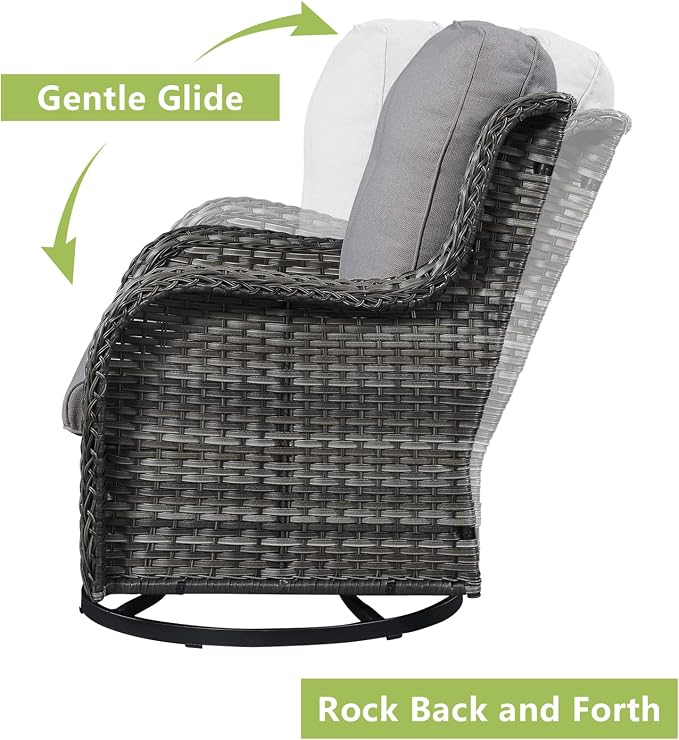 Outdoor Wicker Patio Furniture Set - 5 Pieces Rattan Patio Conversation Set with 2 Rocking Swivel Chairs,2 Ottomans and 1 Side Table for Porch Deck Backyard Garden(Mixed Grey/Grey)