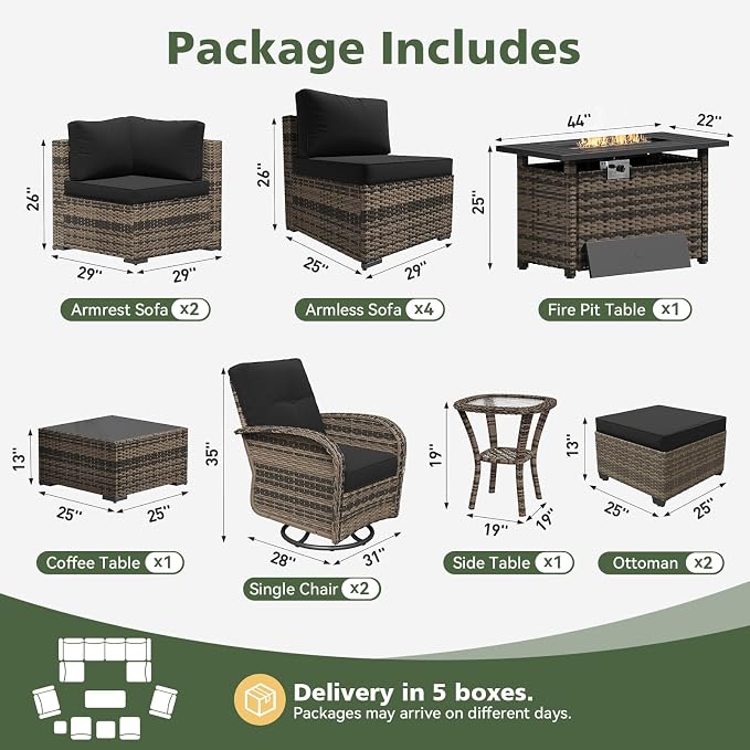 Aoxun 13 Piece Outdoor Patio Furniture Set with 44'' Fire Pit Table, Wicker Rattan Outdoor Furniture with High Back Swivel Rocker Chairs, Outdoor Conversation Set with Thick Cushion & Ottoman, Black