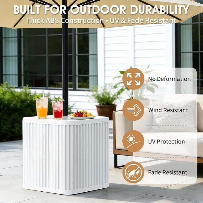 BoYata Outdoor Umbrella Side Table, 2-in-1 Outdoor Side Table with Umbrella Hole, 15.9 Gallon Fillable Umbrella Stand Base, Fit Up to 1.5" Pole, Square Patio Side Table for Poolside, Deck, Matte White
