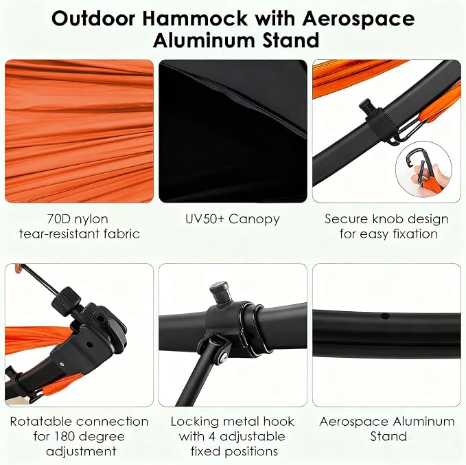 Portable Outdoor Hammock with Quick-Fold Stand and Adjustable Sunshade for Ultimate Relaxation in Gardens, Camping, and Beach Settings - Spacious Design with Storage Bag Included
