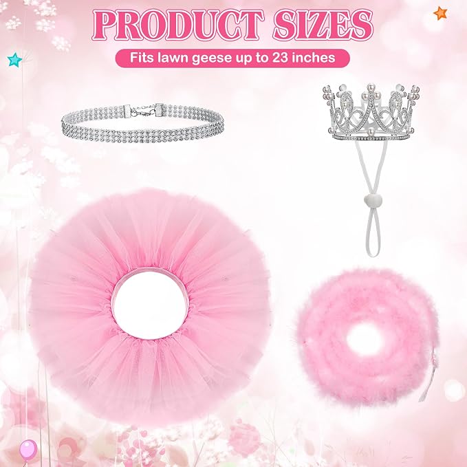 4 Pcs Princess Porch Goose Outfit for 23" 17" Cement Lawn Goose Costume Crown Necklace Tutu Skirt Feather Trim(Pink)