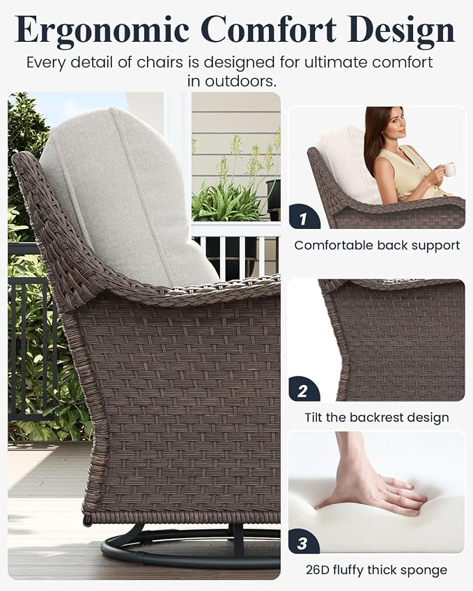 LayinSun 10 Piece Wicker Outdoor Furniture Set with 6-inch Comfy Cushions, High Back Patio Furniture Set with Swivel Rocking Chairs and Fire Pit Table