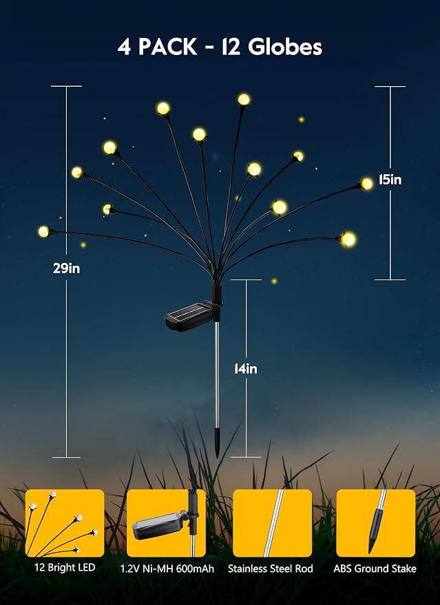 Brightown 4 Pack Solar Garden Lights, 48 LED, Warm White | Firefly Lights, 2 Lighting Modes, Wind Sway, IP65 Waterproof, For Garden Yard Pathway
