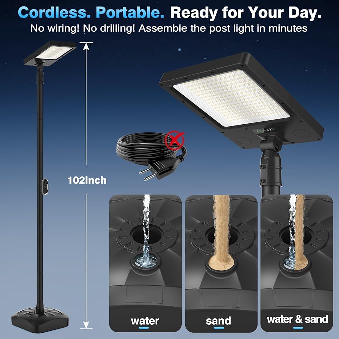 102" Solar Lamp Post Lights with Pole & Water Box Base, Outdoor IP65 Waterproof 3800LM 420 LEDs Solar Street Lights, Metal Flood Motion Sensor Lights for Yard, Garden, Patio, Lawn, Parking Lot