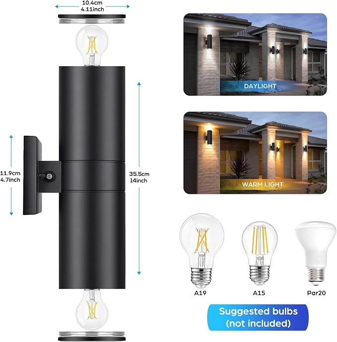 14” Modern Outdoor Wall Light with Dusk to Dawn Sensor, Exterior Light Fixture Wall Mount Waterproof Anti-Rust Cylinder, Up and Down 2 Lights Black Sconces for Porch House Outside Entryway, 2-Pack