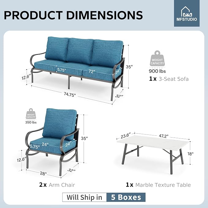 MFSTUDIO 4 Pieces Patio Conversation Set, 5 Seats Metal Patio Furniture Sets with 1 x 3-Seat Sofa, 2 Single Chairs,1 Coffee Table, All Weather Patio Sets with 5.75inch Peacock Blue Cushion for Garden