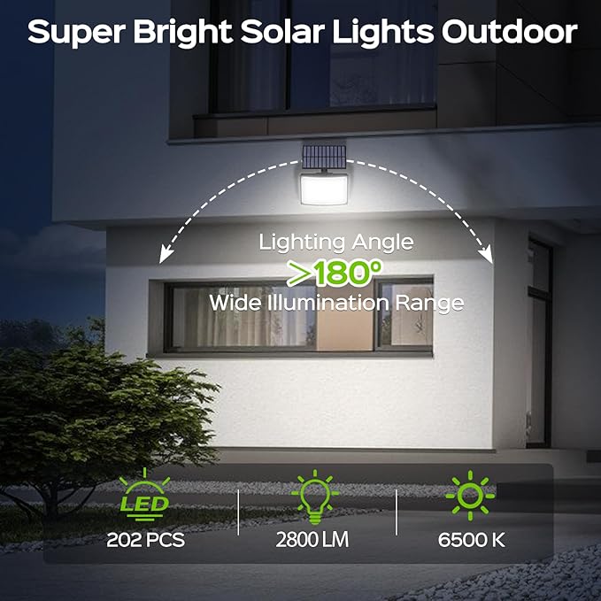 Adiding Solar Outdoor Lights 2Pack, 202 LED Flood Lights with 16.4 ft Cable | Remote Control Solar Motion Sensor Outdoor Lights, 3 Modes Solar Powered Security Lights for Outside Patio Yard Garage Garden
