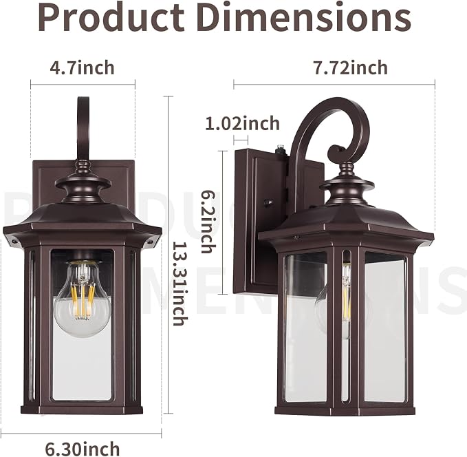 Dusk to Dawn Outdoor Wall Light Fixtures,14'' Outdoor Porch Sconces Lighting , Waterproof Wall Lanterns with E26 Sockets & Glass Shades, Modern Oil Rubbed Bronze Outside Lights for Front Door Entryway