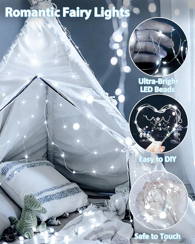 6 Pack 60 LED Fairy Lights Battery Operated with Timer, 20 FT Cool White | Cuttable Copper Wire, Waterproof Battery String Lights for Indoor Outdoor, Wedding, Bedroom, Home, DIY, Christmas Decorations
