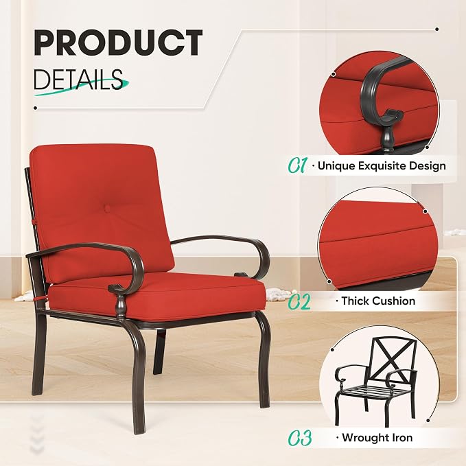 Incbruce 7 Piece Wrought Iron Patio Furniture Set Metal Outdoor Conversation Sets (Loveseat, Coffee Table and Bistro Table, 2 Spring Chair, 2 Dining Chairs) with Cushion (Red)