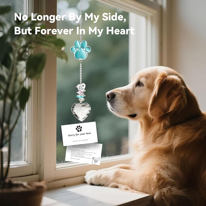 Dog Memorial Gifts for Loss of Dog, Pet Sympathy, Dog Memorial Suncatcher | Thoughtful Dogs and Cats Bereavement Remembrance Gifts, Natural Cat's Eye Paw Crystal Suncatcher