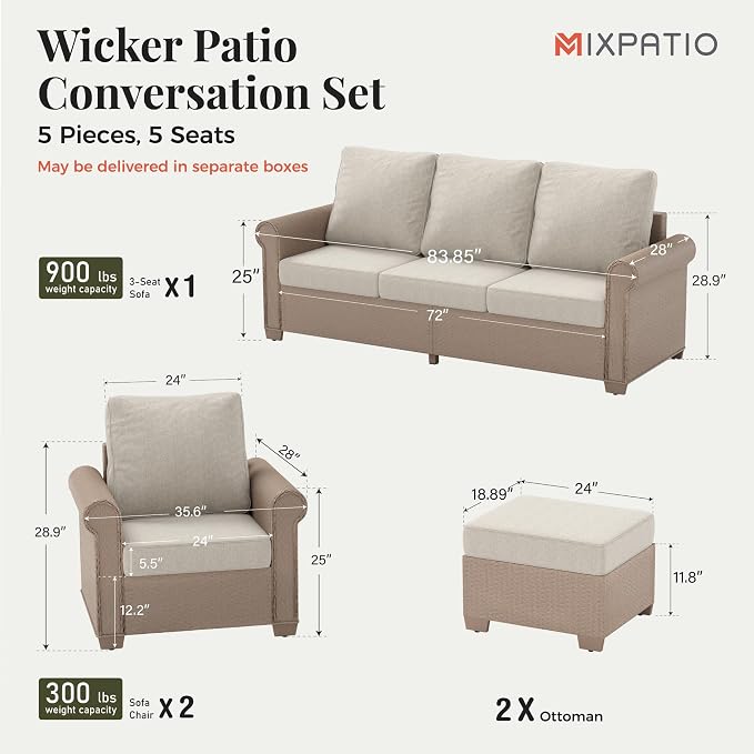 MIXPATIO Patio Furniture Set, 6 Piece Wicker Outdoor Furniture Set with Fire Pit Table & Thick Waterproof Cushions, 7 Seats Patio Conversation Set for Backyard Deck, Gray
