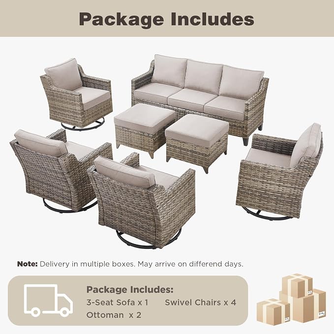 Belord Patio Wicker Swivel Rocker Patio Chairs with 3-Seater Sofa, Outdoor Rattan Chairs for Deck Porch Poolside, 7 Piece Patio Conversation Furniture Set,Beige