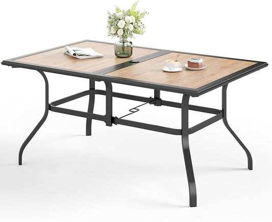 SUNSHINE VALLEY 60" Patio Dining Table for 6,Teak Color Rectangle Patio Table with Umbrella Hole,E-Coating and Powder Coating Steel Frame Metal Outdoor Patio Table for Garden Backyard Lawn Yard