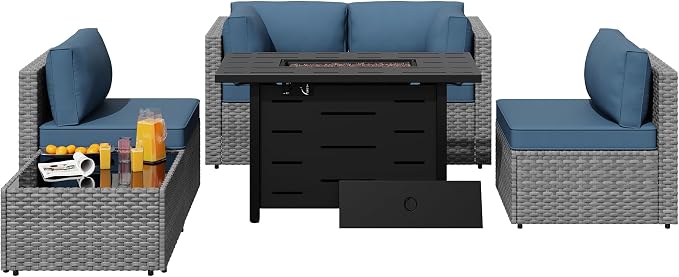 SUNLEI 5 Piece Outdoor Patio Furniture Set with Fire Pit Table, Silver PE Rattan Wicker Conversation Sofa Set with Blue Cushions, All Weather Sectional Patio Couch for Backyard, Deck, Garden, Porch