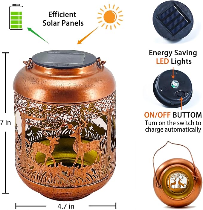 Deer Solar Lanterns Outdoor Waterproof Hanging Solar Lights Deer Gifts for Women Men Metal Decorative LED Lanterns for Yard,Patio,Lawn,Tabletop,Pathway,Landscape,Garden Decor