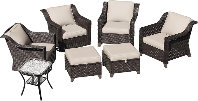 7 Pieces Patio Conversation Furniture Set - 2 Armchairs, 2 Ottomans, 2 Swivel Chairs, 1 Side Table, Outdoor Wicker Furniture with Removable Cushions for Porch, Balcony, Sunroom (Beige)