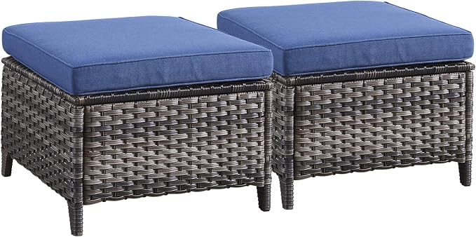 Rilyson Luxury Outdoor Wicker Patio Ottomans Set of 2, 250 lbs Capacity Rattan Large Ottomans for Patio Footrest Set 22.8in*22.8in*14in with 3.5in Thick Cushion (Mixed Grey/Blue)