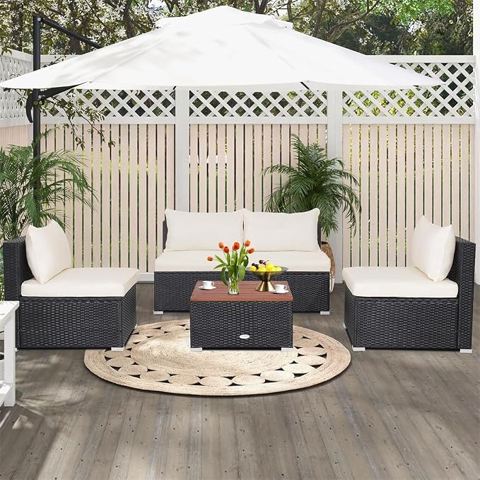 5PCS Patio Rattan Furniture Set Acacia Wood Table Top Sofa Cushion Deck