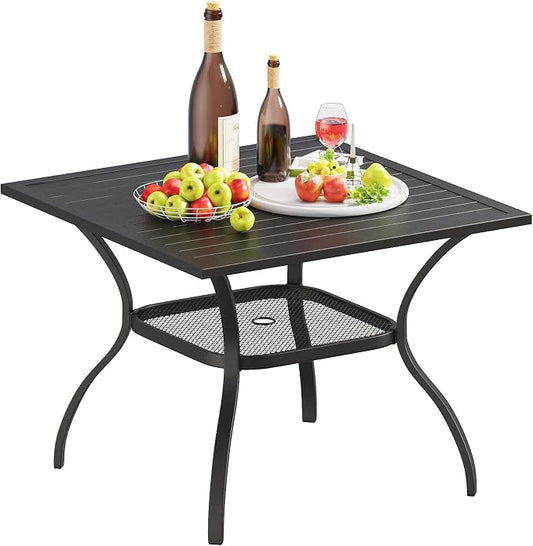 VICLLAX Outdoor Patio Dining Table for 4, Square Patio Table with Umbrella Hole for Patio Lawn Deck Backyard, Black Tabletop