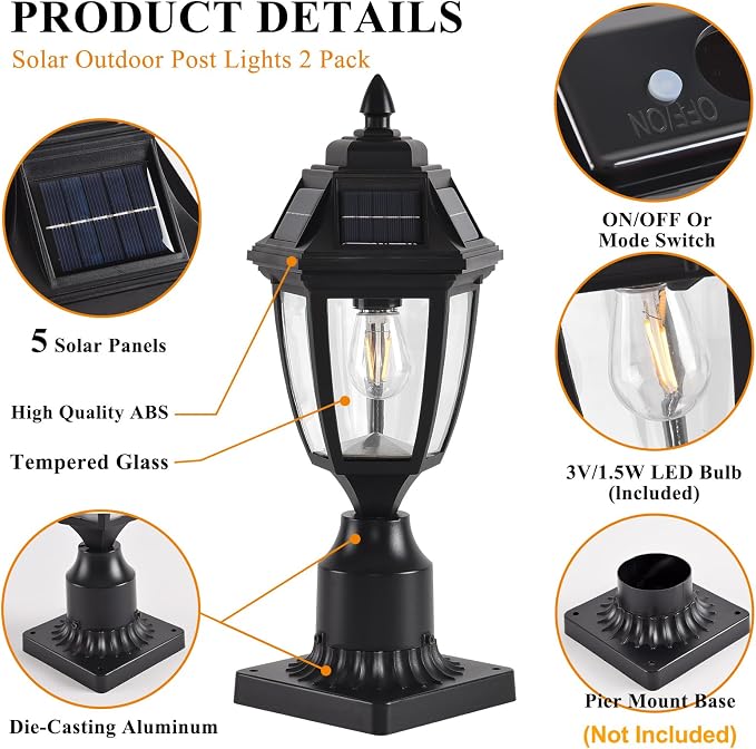 Solar Post Lights 2 Pack, Motion Sensor Solar Post Light without Base | Solar Post Lantern Without Pier Mount Base, Waterproof Solar Powered Post Light Fixture for Patio Yard Garden