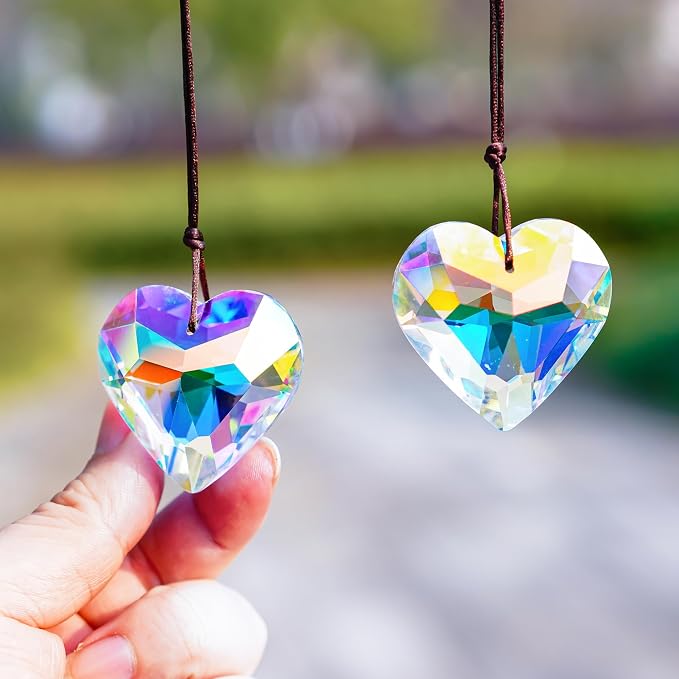 2 Pcs 50mm AB Heart Crystal Prism Rainbow Suncatcher Window Decor | AB Color Heart Crystal Prism Suncatcher Pendants Rainbow Chandelier with Rope for Window Garden Home Wedding Decor