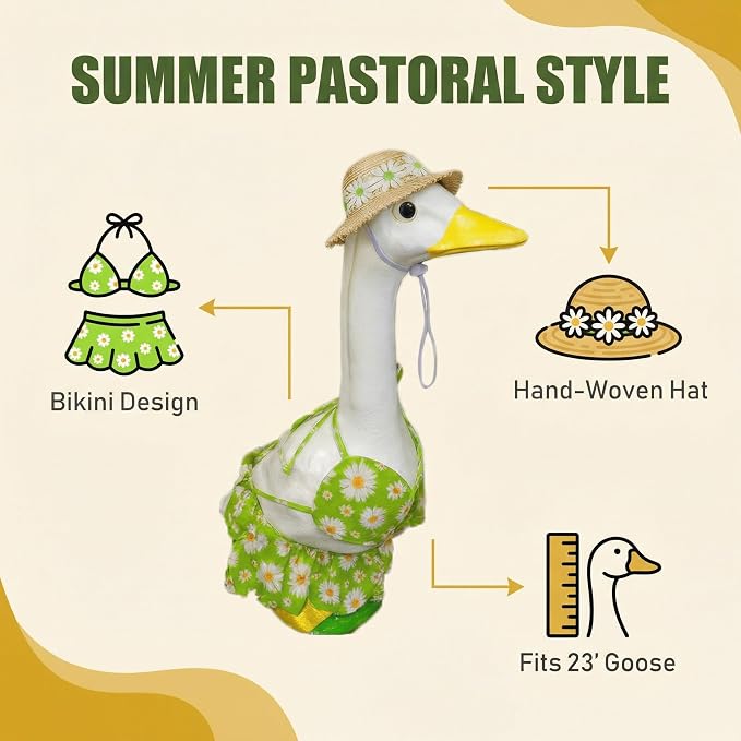 Daisy Goose Outfits 3Pcs Bikini Set for 23" Porch Goose - Spring & Summer Porch Goose Decor with Straw Hat, Daisy Print Top and Skirt, Cute Beach Bikini Goose Outfits for Lawn Garden Patio