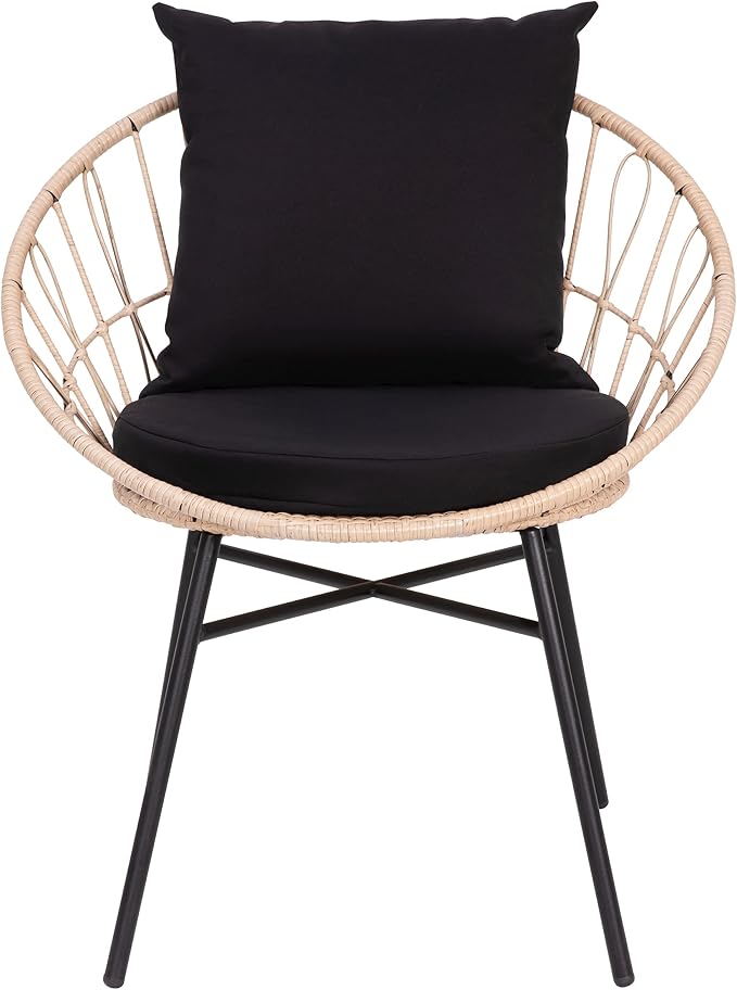 EMMA + OLIVER Ari 3 Piece Boho Patio Set - Tan Finish Faux Rattan Rope Chairs - Black Removable Cushions - Tempered Glass Top Side Table - Indoor/Outdoor
