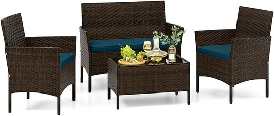 Tangkula 4 Piece Patio Rattan Conversation Set, Outdoor Wicker Furniture Set with Chair, Loveseat & Tempered Glass Table, Cozy Seat Cushions, Outside Sectional Sofa Set for Backyard (1, Peacock Blue)