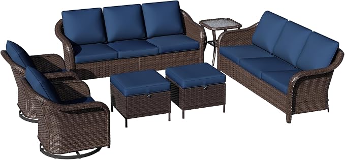 7 Piece Patio Wicker Conversation Set, 2 All-Weather Use Outdoor Wicker Sofa with 2 PE Rattan Ottomans,2 Swivel Chair, 1 Side Table, Ideal for Porch, Backyard, Balcony, Poolside, Blue