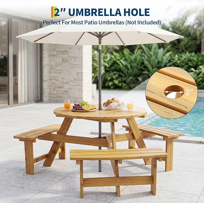 Garvee 6 Person Wooden Picnic Table, Outdoor Picnic Tables with 3 Built-in Benches, Circular Camping Dining Table and Chairs Set with Umbrella Hole for Garden, Patio, Backyard, Natural Wood