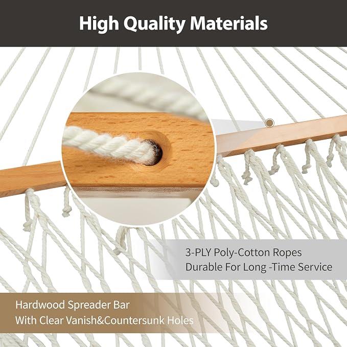 CHULIM Outdoor Double Hammock with Hardwood Spreader Bars, Large Rope Hammock with Polyester Pad and Pillow, 475 LBS Capacity for 2 Person Patio Backyard Poolside - Tan