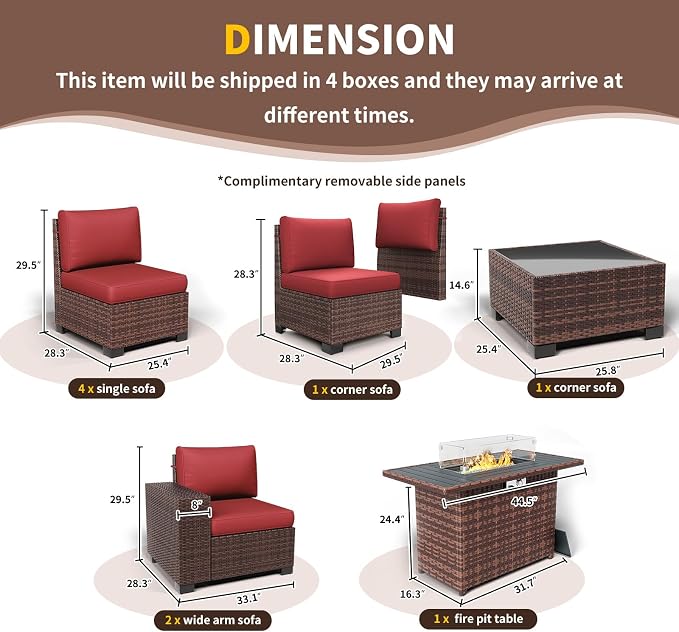 Patio Furniture with Fire Pit Table,8‘’ Wide armrest Outdoor Sectional Rattan Sofa Set, Wicker Patio Furniture Sets w/Coffee Table,Thick Cushions and Cover for Porch, Deck, 9 PC(Brown&Wine)