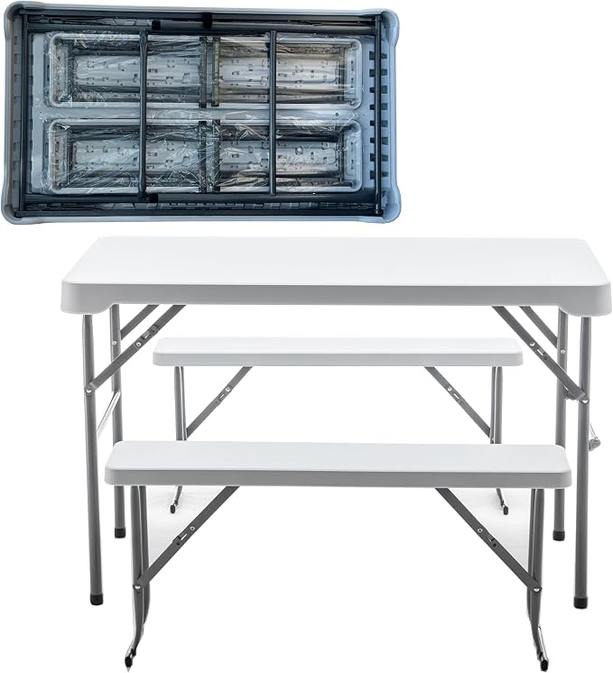 BTEXPERT 3-Piece Set Plastic Portable Folding Beer Picnic Table & Two Benches Seats Foldable Heavy Duty White for Party RV Patio Dining Event Camping Outdoor Activity Commercial Family Home Garden