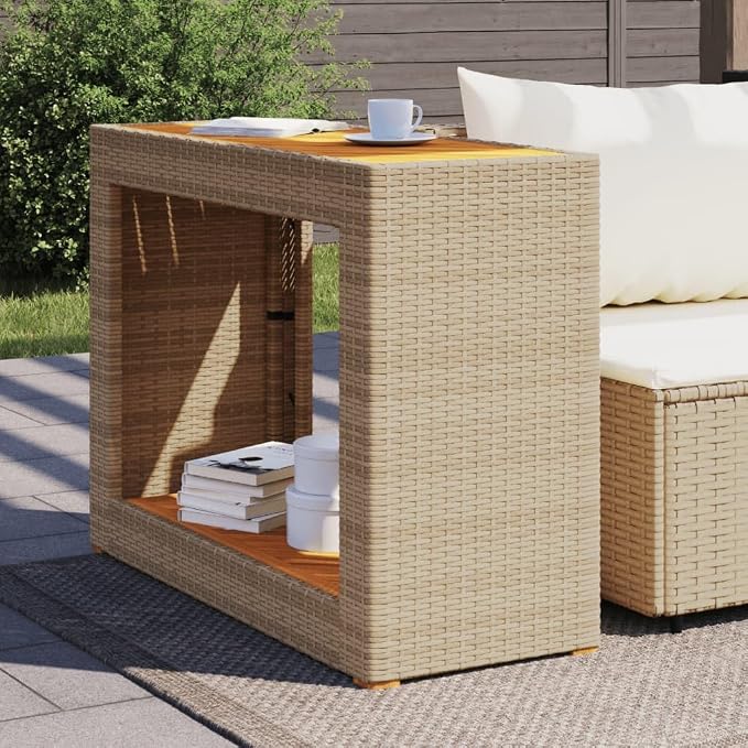 Outdoor Patio Side Table Beige Poly Rattan with Wooden Top 39.4" x 15.7" x 29.5" Coffee Small Side Table for Garden, Patio, Balcony, Backyard, Living Room
