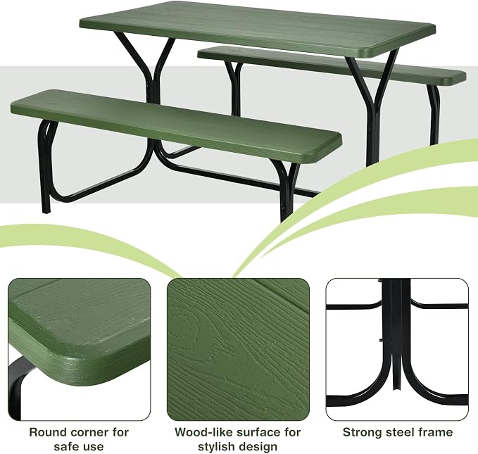 HAPPYGRILL Picnic Table Set Outdoor Patio Table Bench Set with Steel Frame & Plastic Table Top for Garden Lawn Backyard