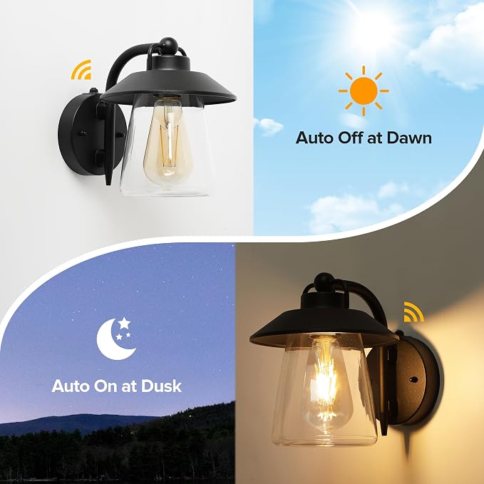 LUTEC 2 Pack Dusk to Dawn Outdoor Indoor Exterior Light Fixture, Farmhouse Barn Wall Sconce, Matte Black Finish Anti-Rust Wall Mount Light, Waterproof Wall lamp with Clear Glass for Porch, Patio