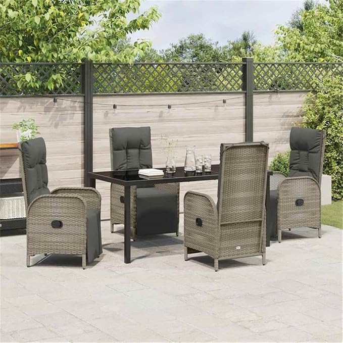 Afuera Living 5 Piece Poly Rattan Patio Dining Set, Gray, Weather-Resistant Cushions, Powder-Coated Steel Frame, Tempered Glass Tabletop, UV Resistant, Modern Outdoor Furniture for Garden, Balcony,