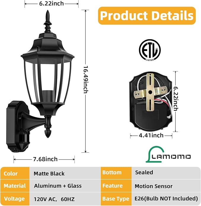 Lamomo Outdoor Wall Sconce, 2 Pack Dusk to Dawn Motion Sensor Light Fixtures, Exterior Aluminum Waterproof Porch Lights for Patio Front Door Garage | Dusk to Dawn, Anti-Rust, Waterproof Aluminum Frame, Tempered Glass & Classic Exterior Sconces for Hous...