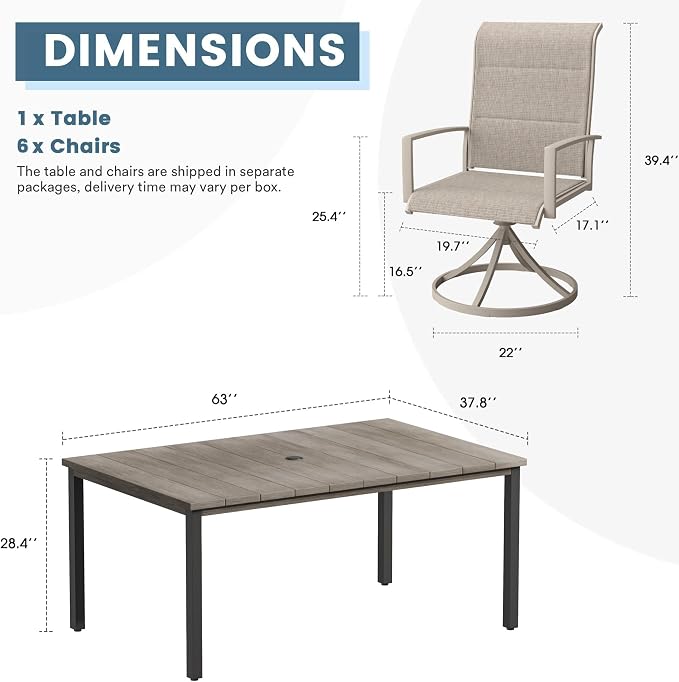 DIFY 7 Piece Outdoor Patio Dining Set for 6, 63" Grey Wood-Like Rectangle Metal Dining Table and Sandshell Padded Textilene Swivel Patio Chairs, All-Weather Outdoor Furniture Set for Garden Backyard