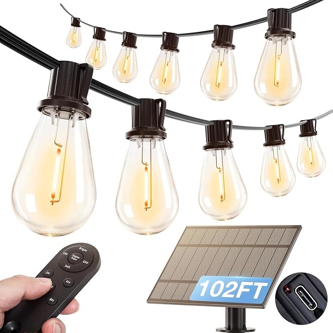 addlon 102FT(96FT+6) Solar String Lights Outdoor Waterproof with USB Port & Remote Control Solar Patio Lights for Outside Solar Powered with 52 LED Dimmable Bulbs for Porch Garden Deck Halloween | Waterproof, Shatterproof, Spaced 2FT, USB Charging, Rem...