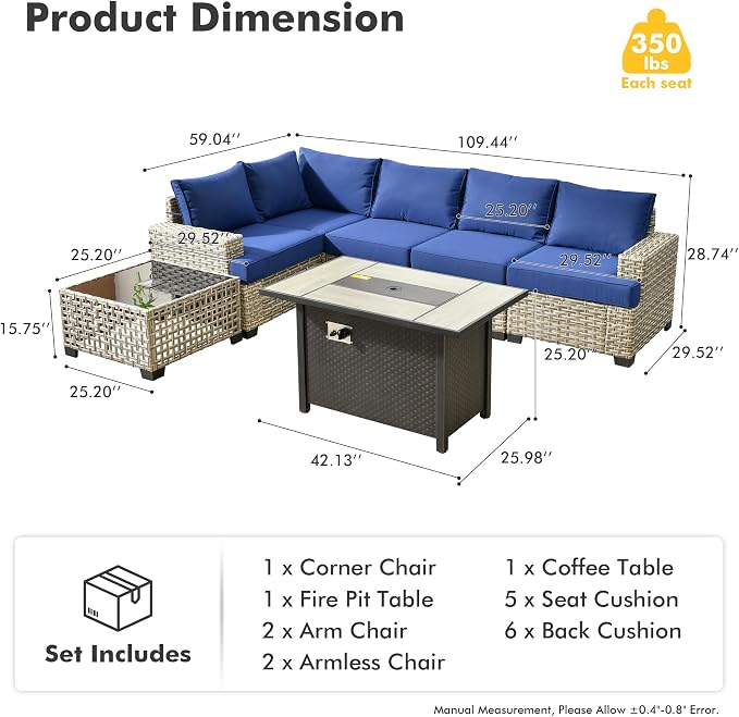 7 Pcs Outdoor Sectional Patio Furniture Set with Fire Pit Table - All Weather Wicker Modular L Shaped Outside Sectional Couch,Patio Seating Outdoor Conversation Sets for Deck Yard Garden,Navy Blue