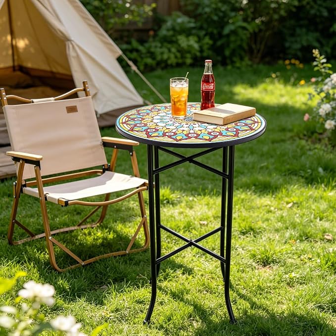 Mosaic Outdoor Side Table Small Round Patio Table Plant Stand | 21" Accent End Table with 14" Ceramic Tile Top for Small Spaces Porch Pool Garden Decor Indoor Living Room Bedroom Balcony