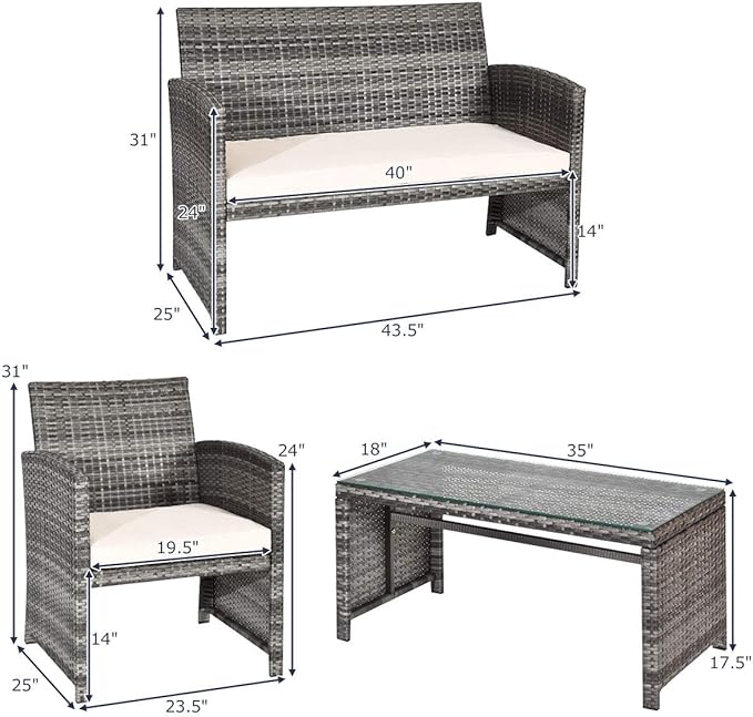 Tangkula 4 PCS Wicker Patio Conversation Set, Outdoor Rattan Sofas with Table Set, Patio Furniture Set with Soft Cushions & Tempered Glass Coffee Table for Poolside Balcony