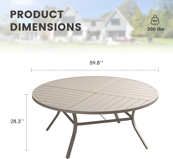 60" Outdoor Dining Table with Adjustable Umbrella Hole, Metal Slatted Round Patio Dining Table for Backyard Garden Deck, Sandshell