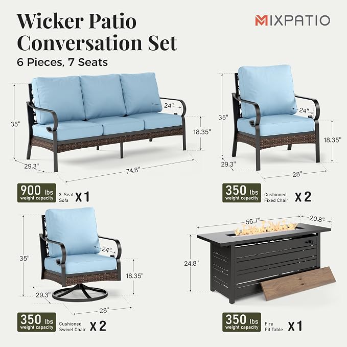 MIXPATIO Patio Furniture Set with Fire Pit Table, Metal Outdoor Conversation Set with 5.75'' Extra Thick Cushion, 2 Swivel Chairs, 2 Leg Chairs, 3-Seat Sofa and Gas Fire Pit Table, Blue