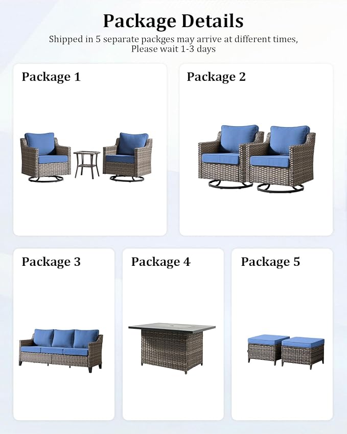 Outdoor Furniture Set of 9, Patio Sofa with Luxury 4" Cushion, Wicker Swivel Rocker Patio Chairs, and Fire Pit Table Table, High Back&Deep Seat for Garden Deck Porch Balcony Backyard - Blue